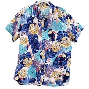 Tropical Toucan Parrot Monstera Palm Floral Short-Sleeve Hawaiian Shirt Men's L